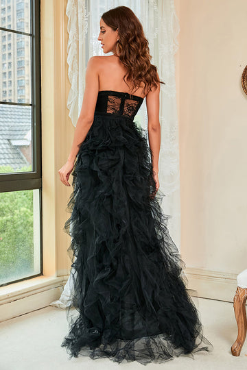 Strapless Black Corset Prom Dress with Slit
